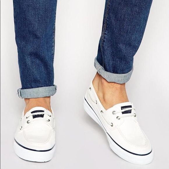 white canvas boat shoes